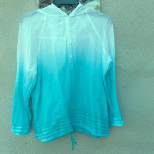 Hang Ten hooded shirt white turquoise teal variegated cotton lawn